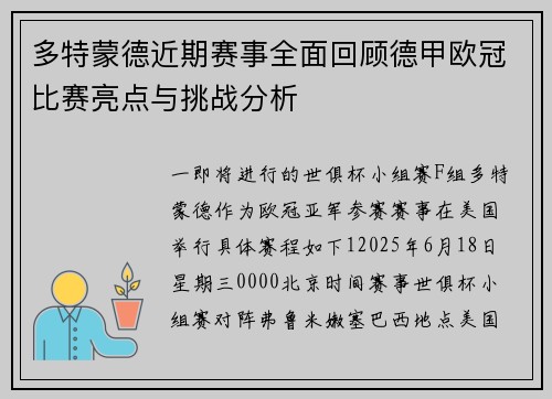 多特蒙德近期赛事全面回顾德甲欧冠比赛亮点与挑战分析